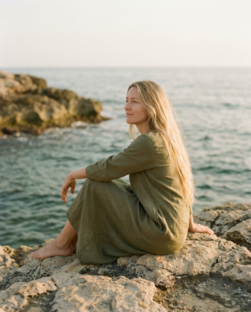 beautiful young woman with long blonde hair sitting on natural limestone rocks by the sea soft gold datnpa5t6q04lc8bd5yn 0